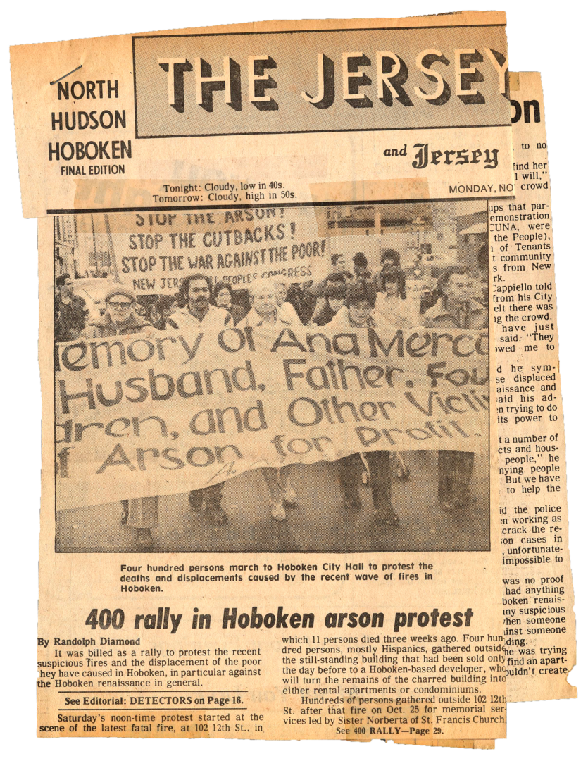 Newspaper clipping with headline: 400 rally in Hoboken arson protest.