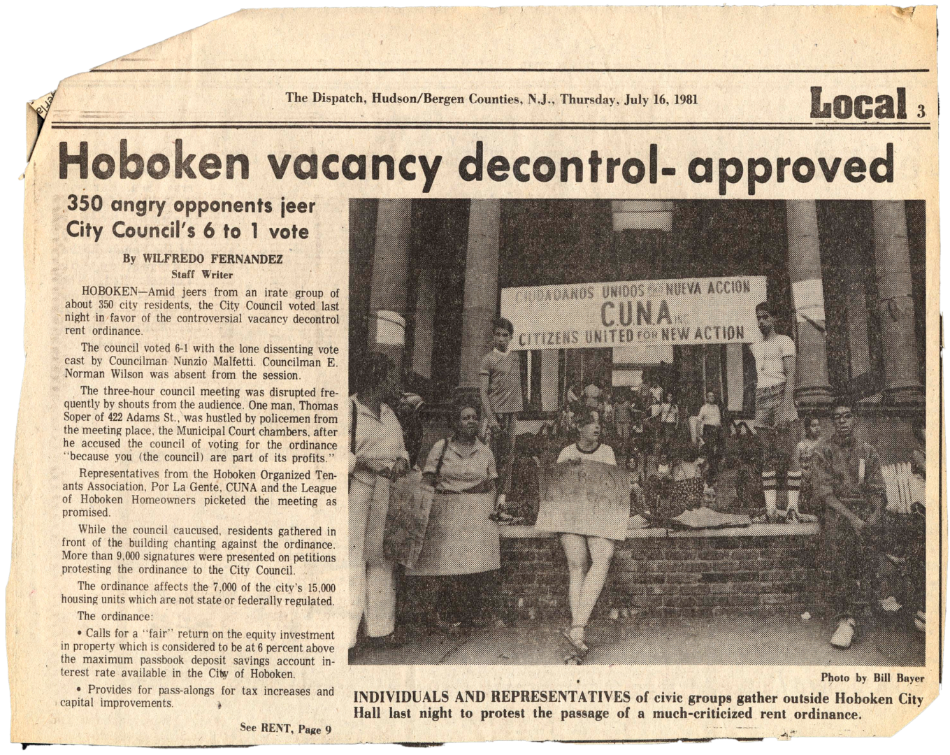 Newspaper clipping with headline: Hoboken vacancy decontrol-approved.