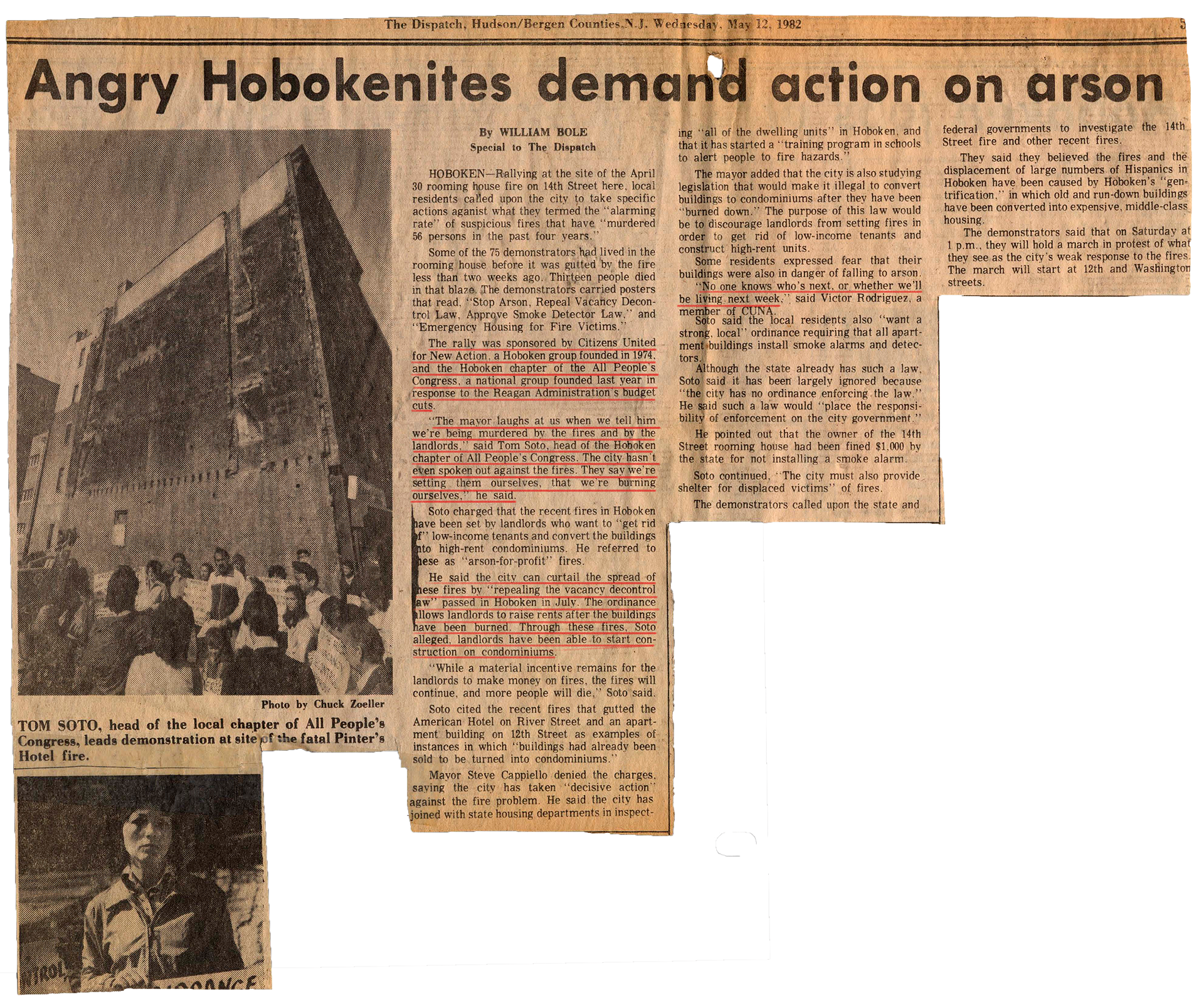 Newspaper clipping titled "Angry Hobokenites demand action on arson".