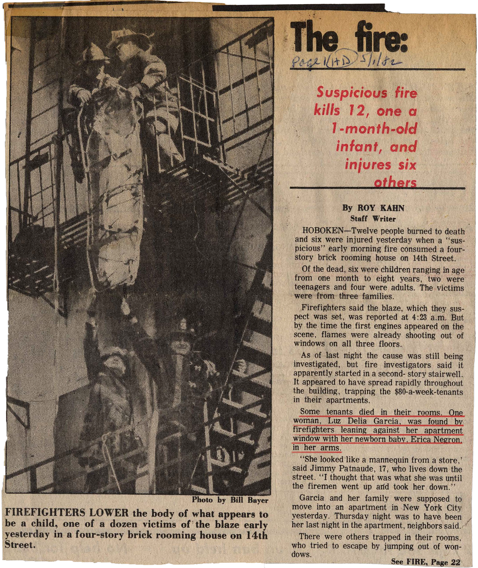 Newspaper clipping with headline: Suspicious fire kills 12, one a 1-month-old infant, and injures six others.