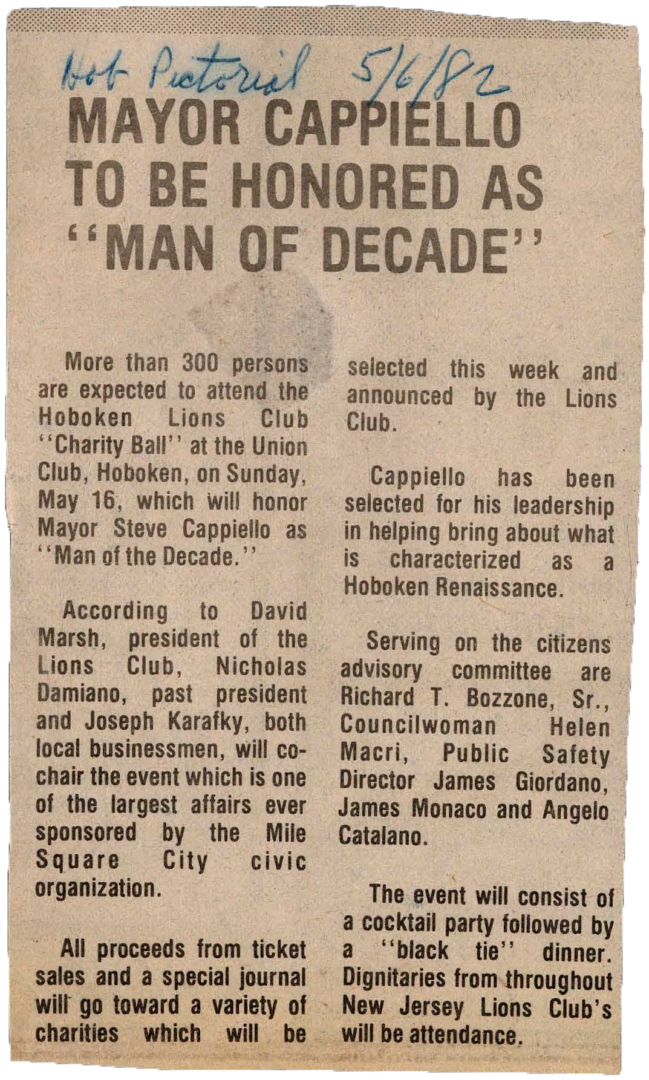 Newspaper clipping titled "Mayor Cappiello To be Honored As 'Man of Decade'.