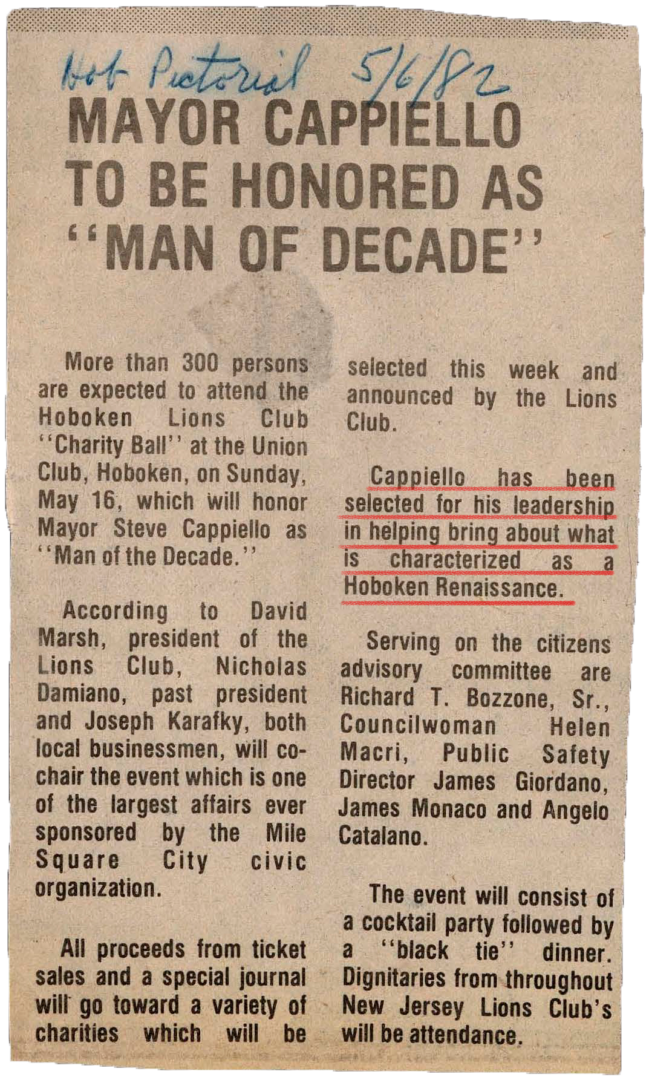 Newspaper clipping titled "Mayor Cappiello To be Honored As 'Man of Decade'.