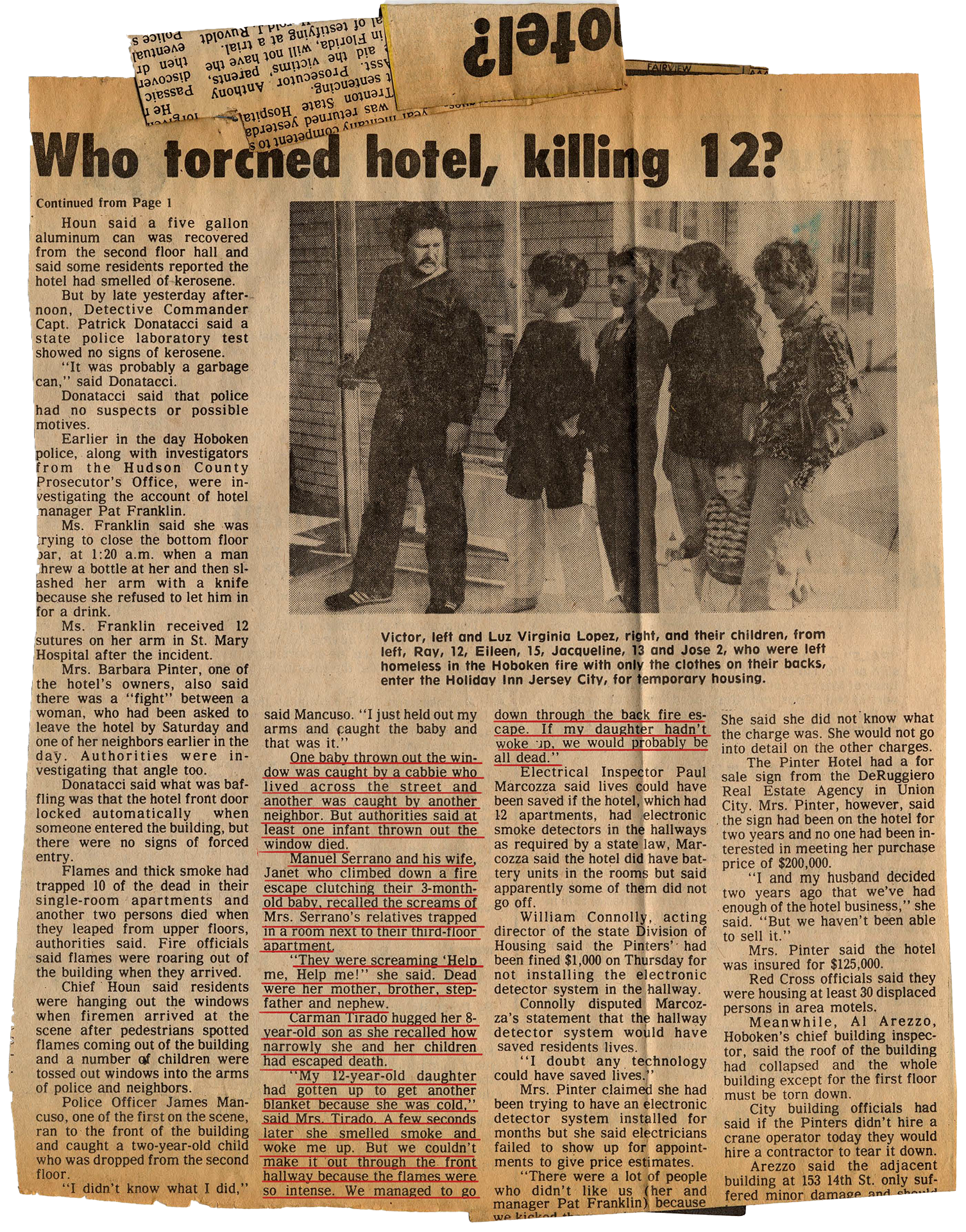 Newspaper clipping with headline: Who torched hotel, killing 12?