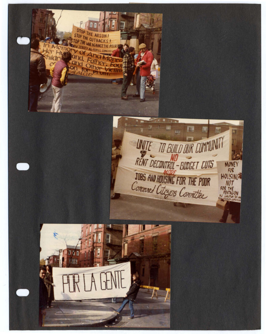 3 photos of people holding up large protest signs.