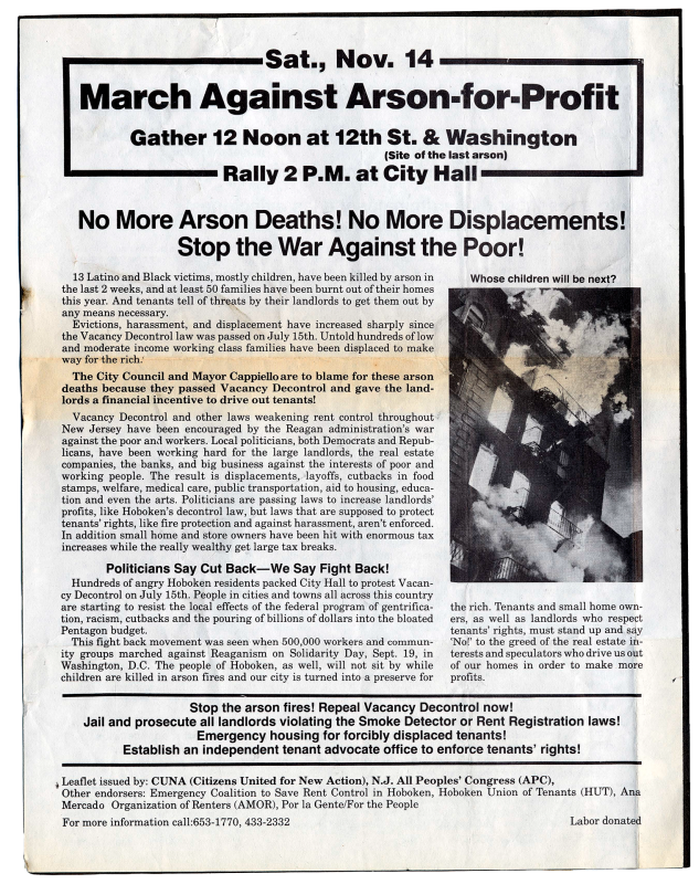 Flyer with headline March Against Arson-for-Profit dated Saturday November 14th.