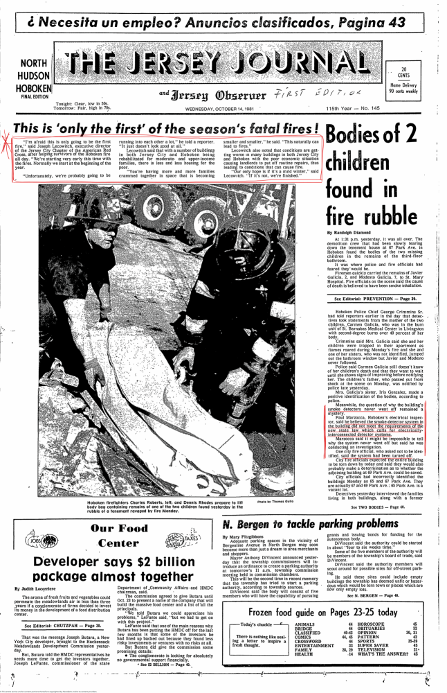 Newspaper clipping with title "This is 'only the first' of the season's fatal fires".