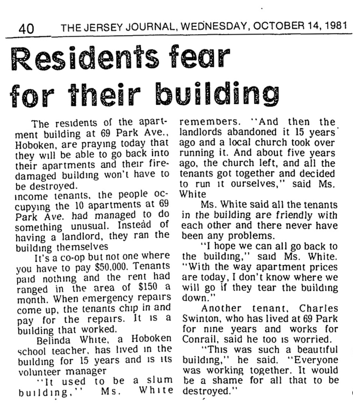 Newspaper clipping with title "Residents fear for their building".
