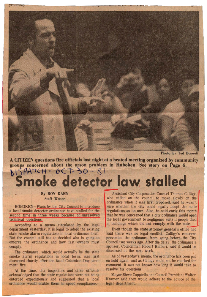 Newspaper clipping with title "Smoke detector law stalled".