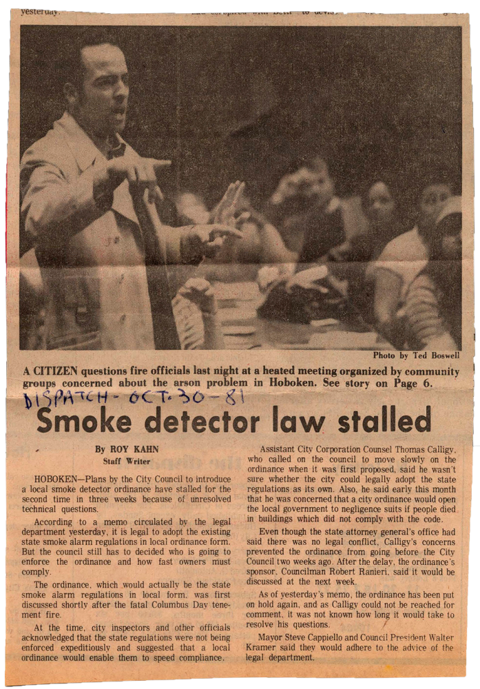 Newspaper clipping with title "Smoke detector law stalled".