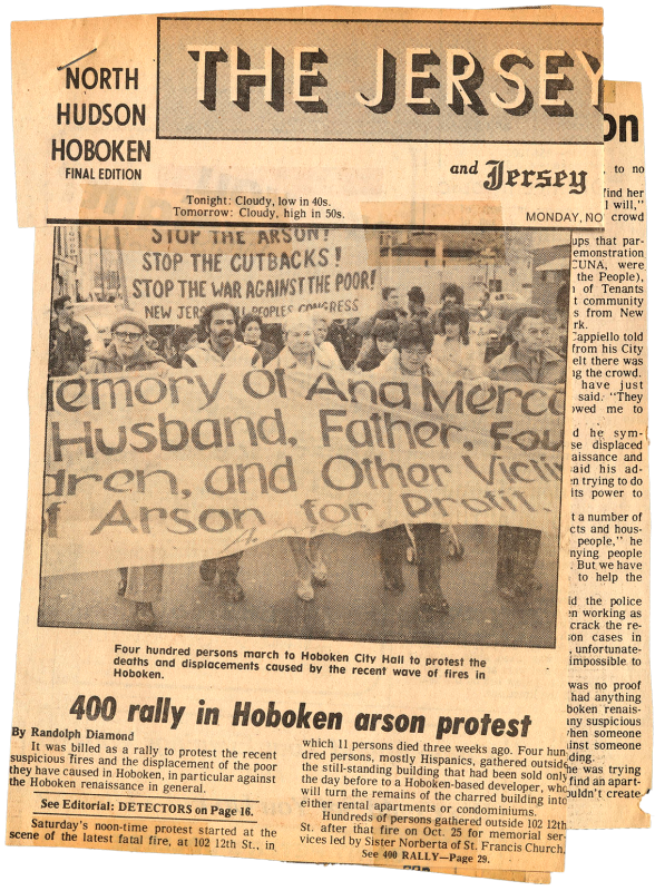 A newspaper clipping with the title "400 rally in Hoboken Arson protest".