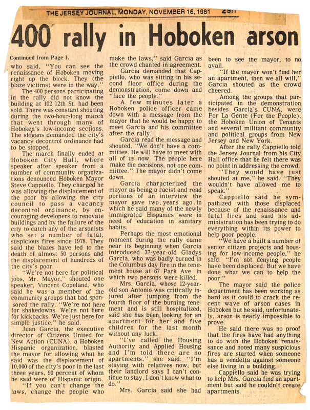 A newspaper clipping with the title "400 rally in Hoboken Arson".