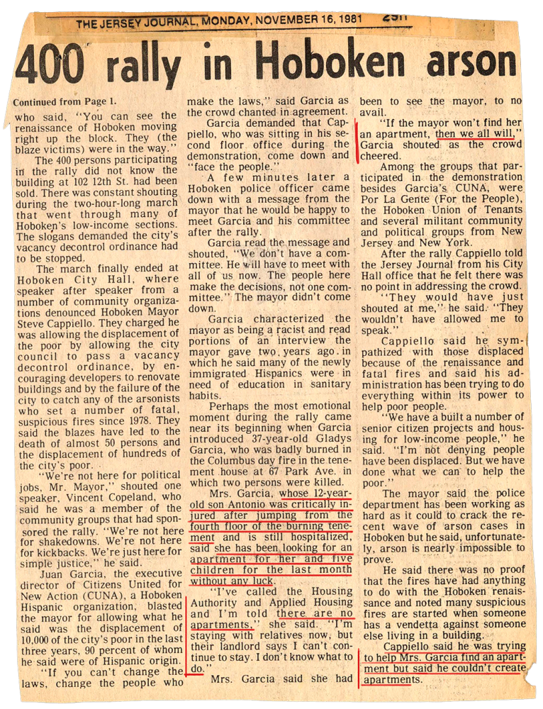 Newspaper clipping with title "400 Rally in Hoboken Arson".