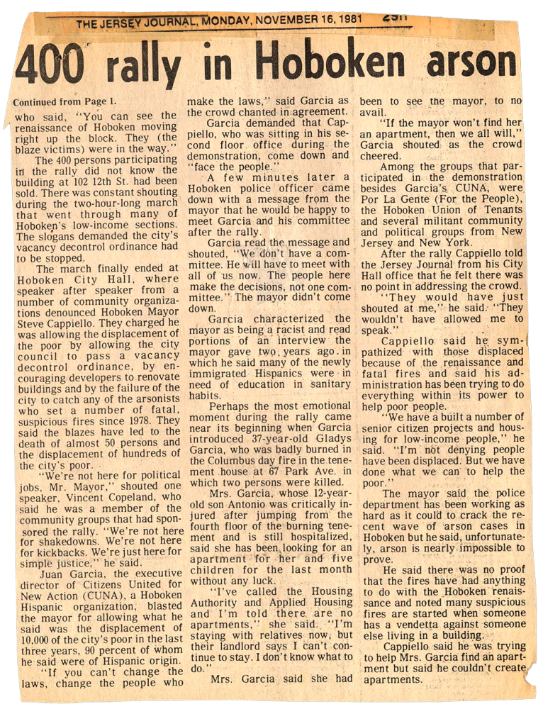 Newspaper clipping with title "400 Rally in Hoboken Arson".