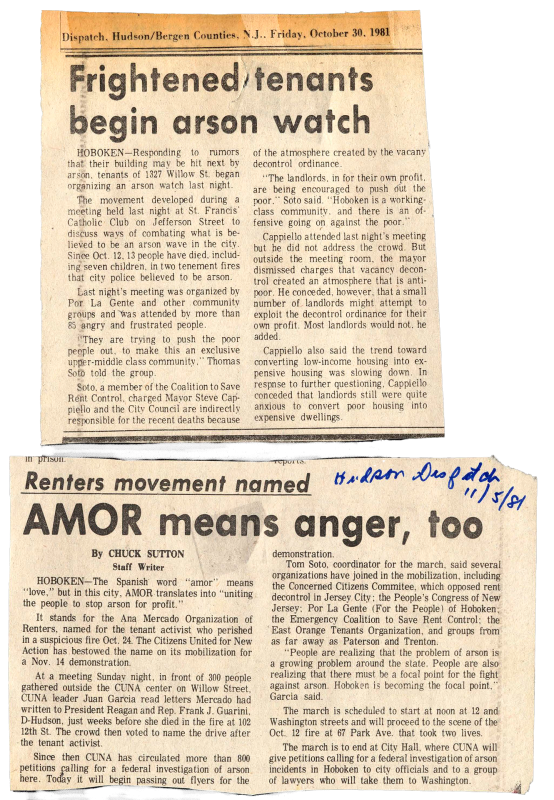 Newspaper clippings with the titles "Frightened tenants begin arson watch" and "AMOR means anger, too".