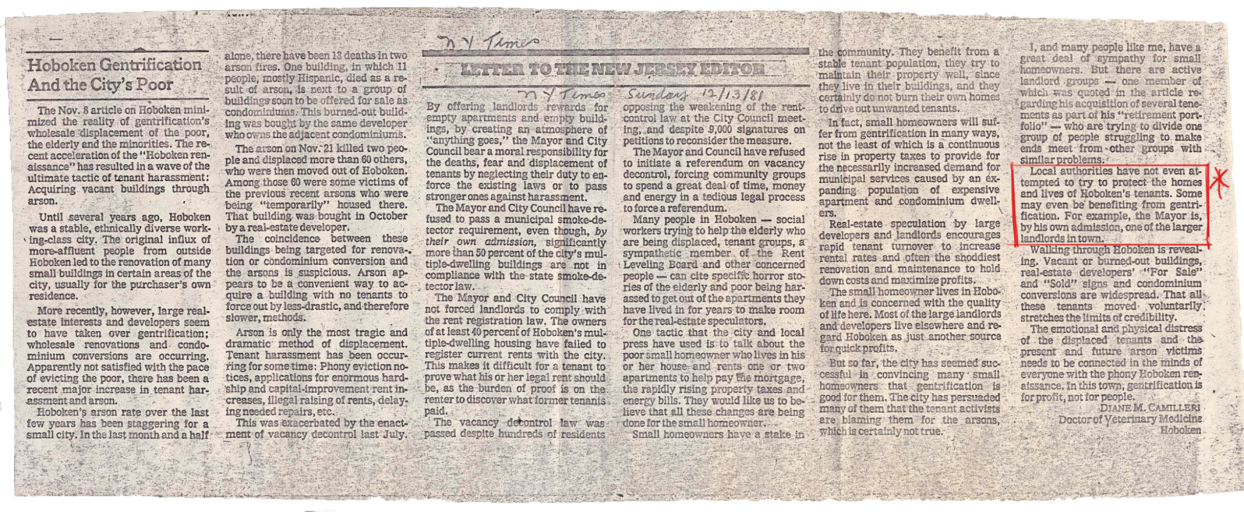 Newspaper clipping with title "Hoboken Gentrification and the city's poor".