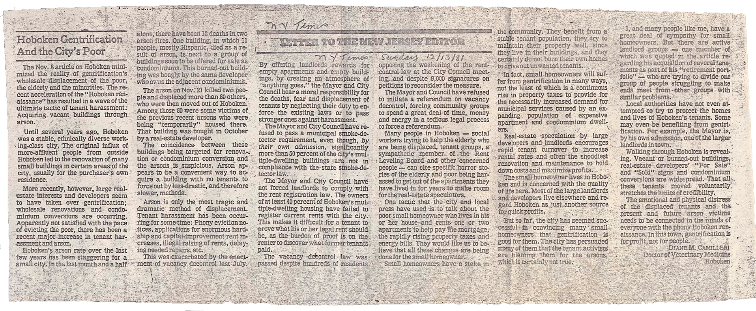 Newspaper clipping with title "Hoboken Gentrification and the city's poor".