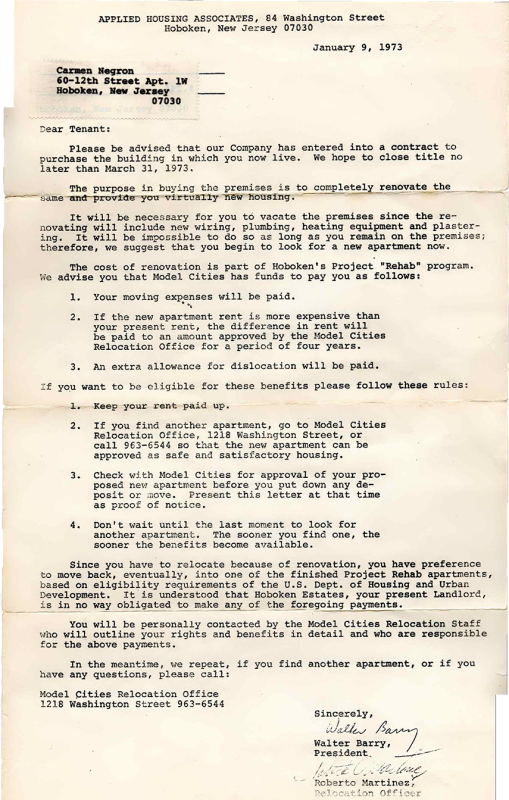 Applied Housing relocation letter, 1973