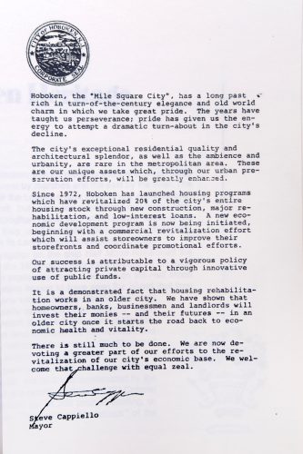 An old letter document signed by Steve Cappiello, Mayor at the bottom of the page.